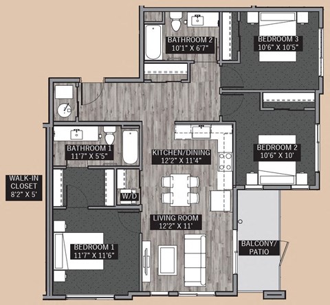 Floor plan for 3 beds, 2 baths, 1106 sqft